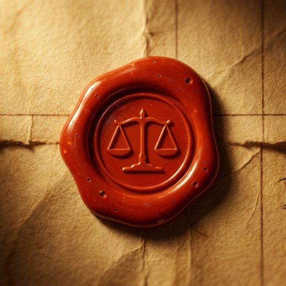 A vermilion wax seal bearing a pair of balance scales, pressed into aged vellum.