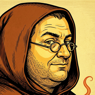 Woodcut portrait of a friar in a russet hood wearing wire spectacles, unimpressed.